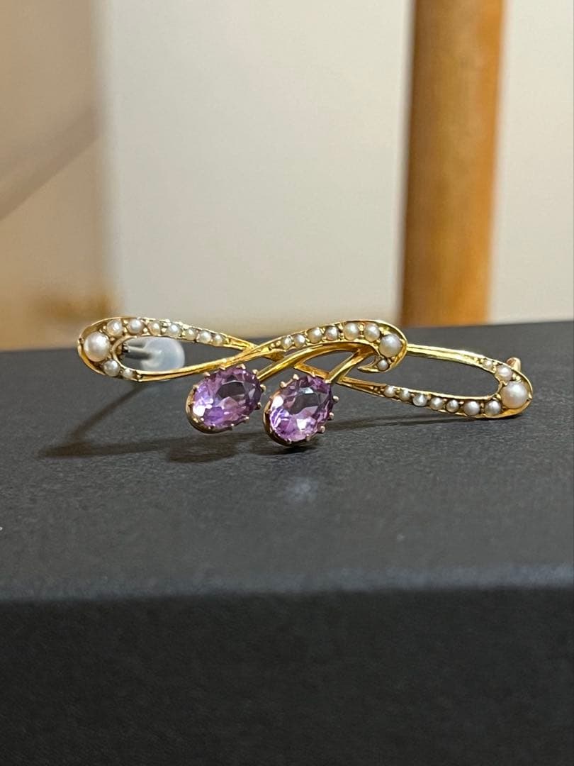 アンティーク　ブローチ　アメジスト　パール　15ct ゴールド