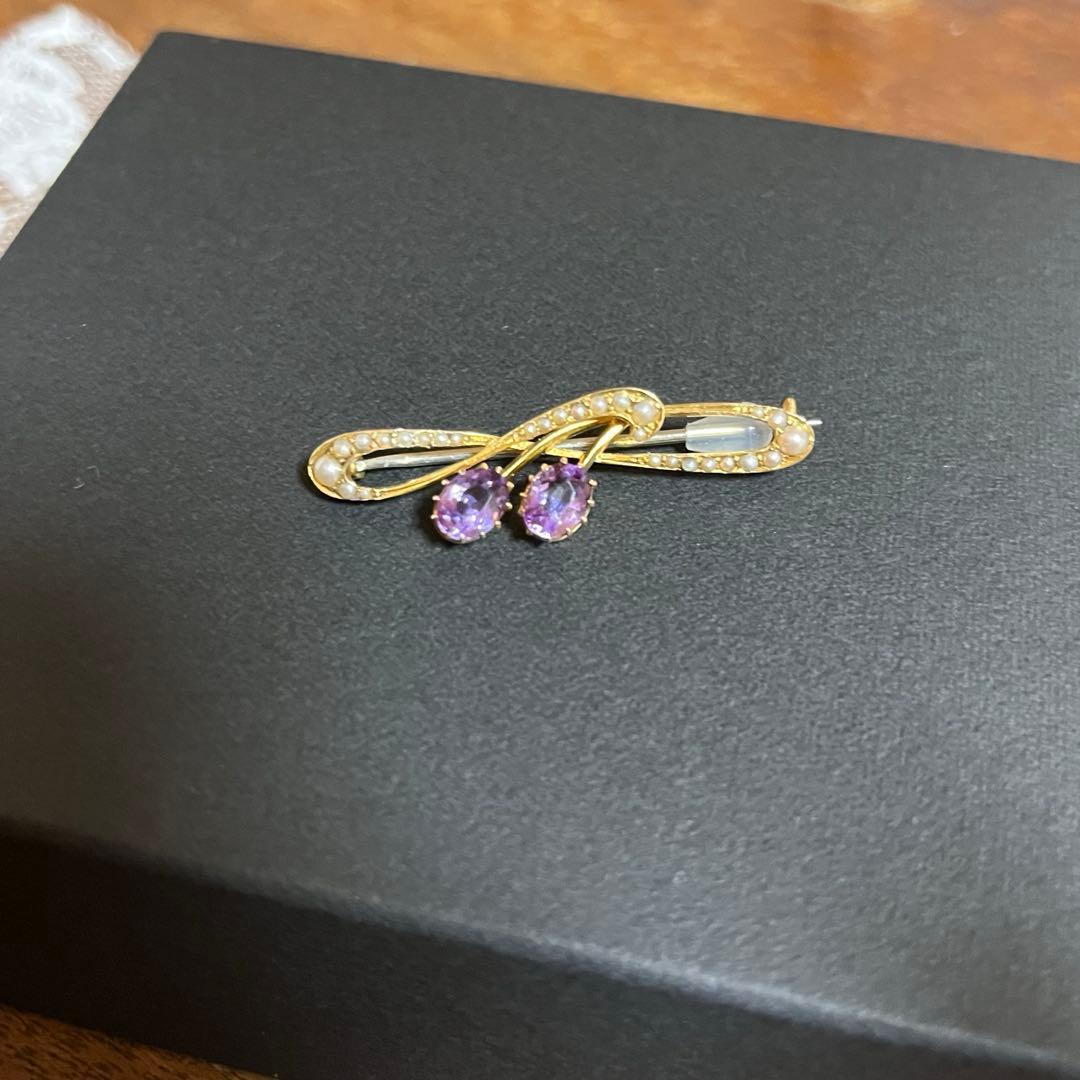 アンティーク　ブローチ　アメジスト　パール　15ct ゴールド