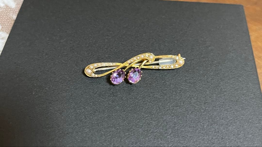 アンティーク　ブローチ　アメジスト　パール　15ct ゴールド