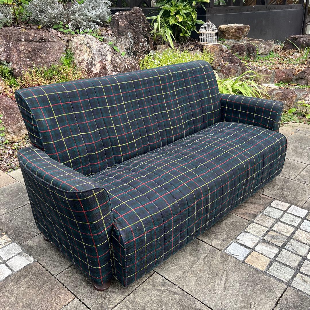 希少 昭和 タータンチェック柄 3人掛けソファ