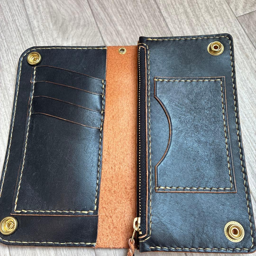 【茶芯ブラック】トラッカーウォレット　ロング　真鍮　三層