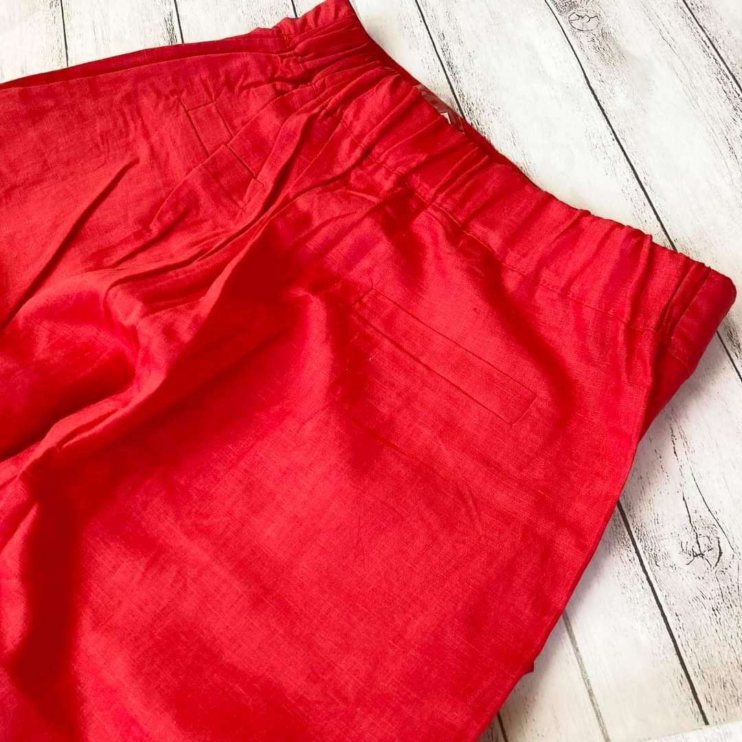 リネンパンツ♡ 赤 カラーパンツ ガウチョパンツ フレア 上品 ブーツに◎ M