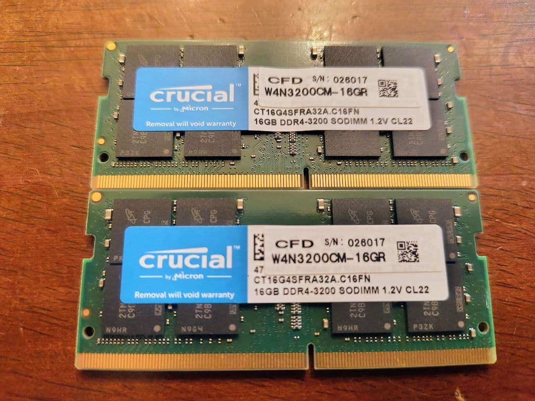 Crucial 16GB DDR4-3200 SODIMM2枚（32GB）ノート