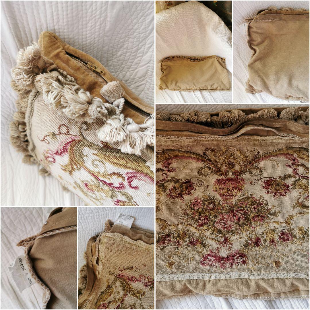 アンティーク プチポワン 薔薇のガーランドのニードルポイント クッションカバー