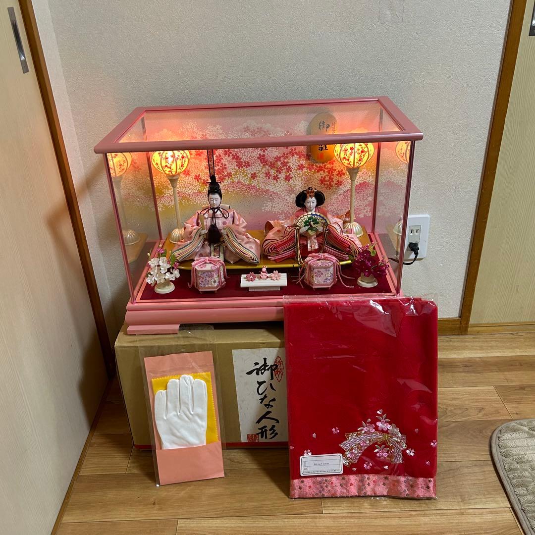 河西工芸 お手入れセット付き 雛人形 ひな人形 ピンク 2人 ライト点灯
