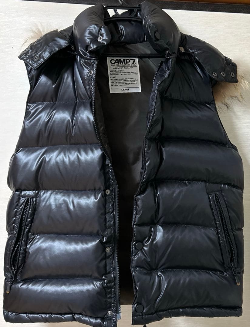 CAMP7 光沢　ダウンベスト y2kブラック フード付き ブラック L