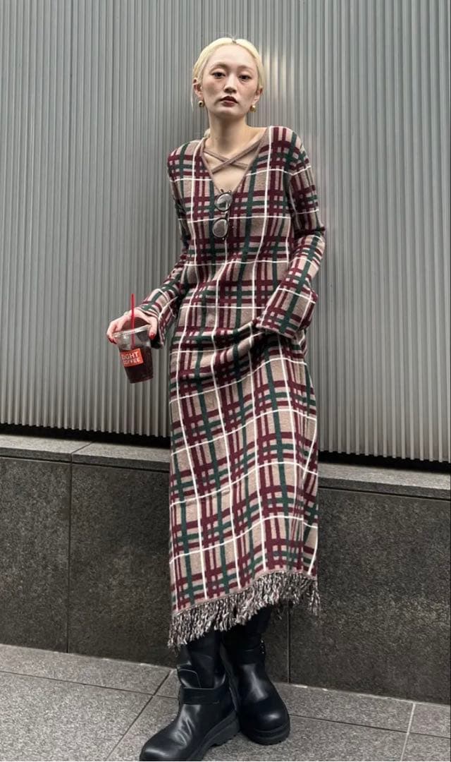 ワンピース Ameri 2WAY HANDWRITING CHECK KNIT DRESS