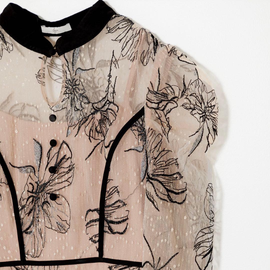 Leja 配色パイピング花柄ラメレースワンピースドレス