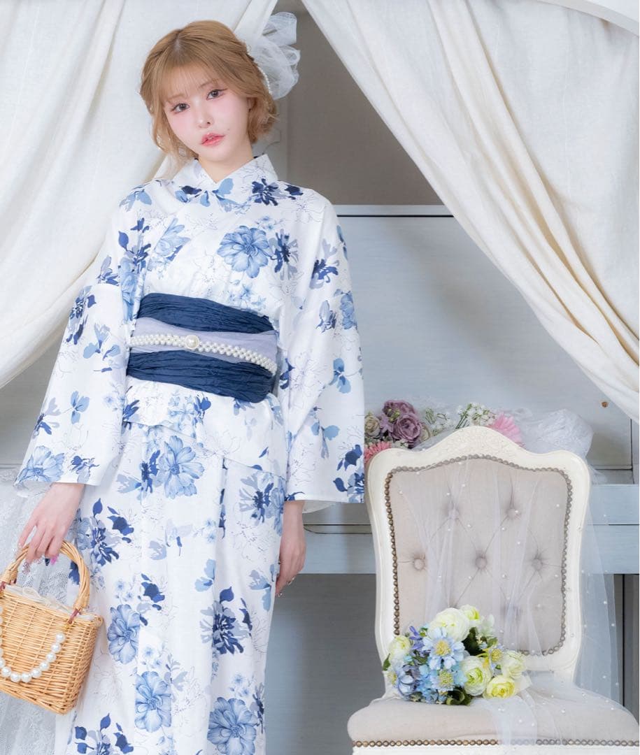 浴衣ワンピース2way水彩ニュアンスブルーフラワーゆかた3点