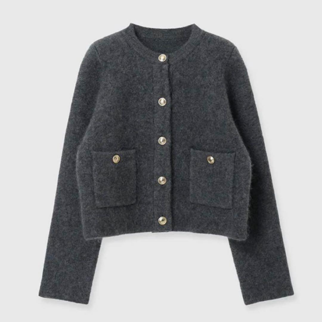 アニュアンス　カシミヤブレンドノーカラーニットジャケット　グレー