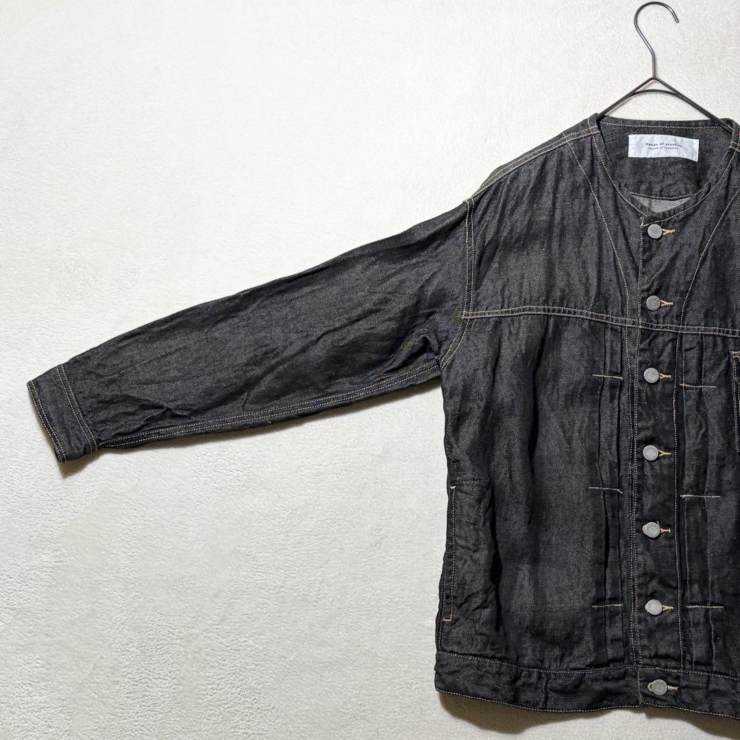 ハンズオブクリエイション　リネン デニム ノーカラージャケット　Gジャン　黒