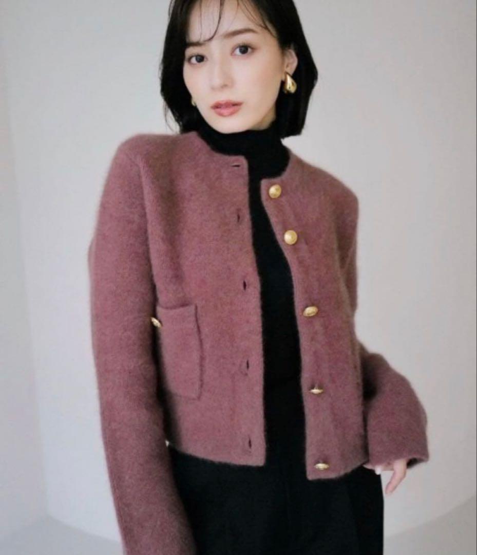 アニュアンス　ラクーンブレンドノーカラーニットジャケット　ピンク