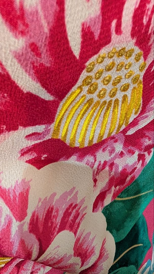 【ポリエステル】振袖 ピンク 花柄 ボタン♪華やか！