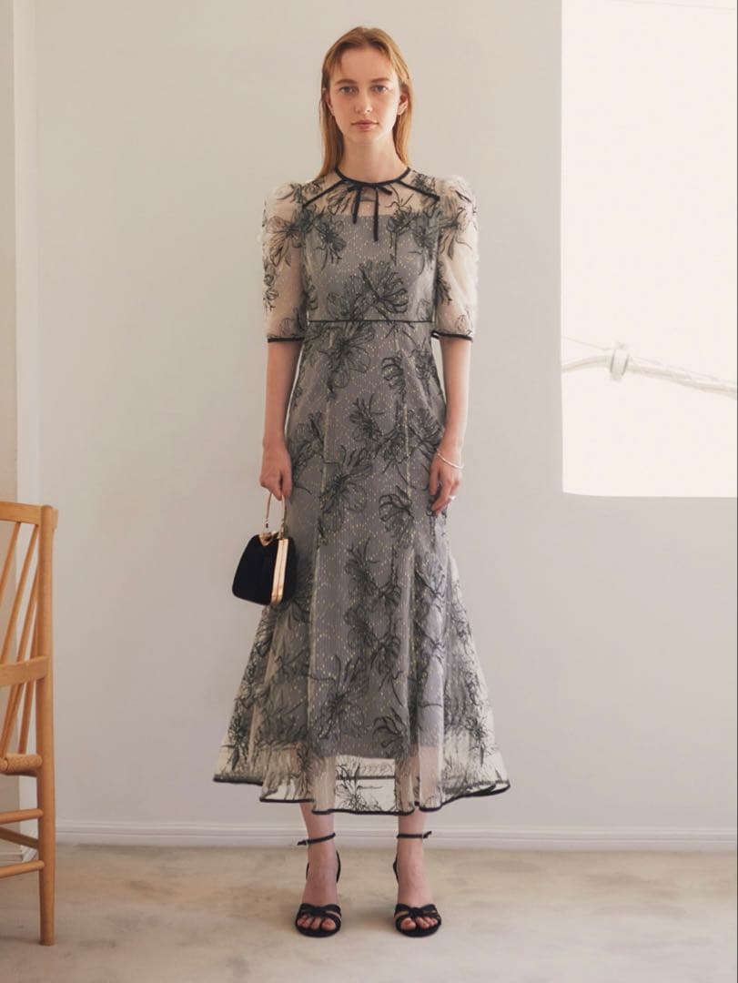 花柄リボンパフスリーブマーメイドワンピースドレス結婚式パーティー成人式二次会