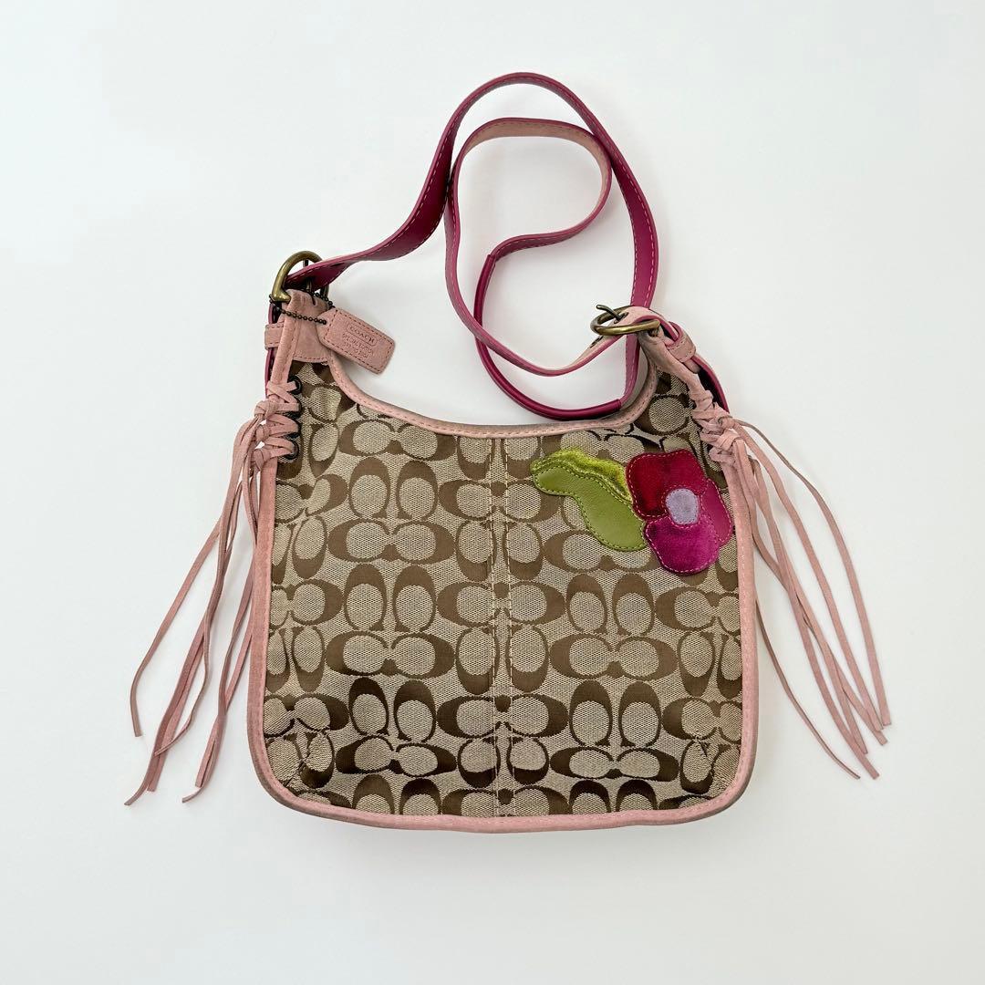 バッグ Coach Fringe Flower Applique Pink Bag