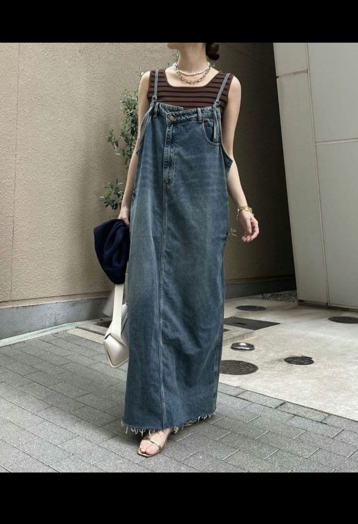 DOUDOU 裾フリンジデニムジャンスカ S ブルー