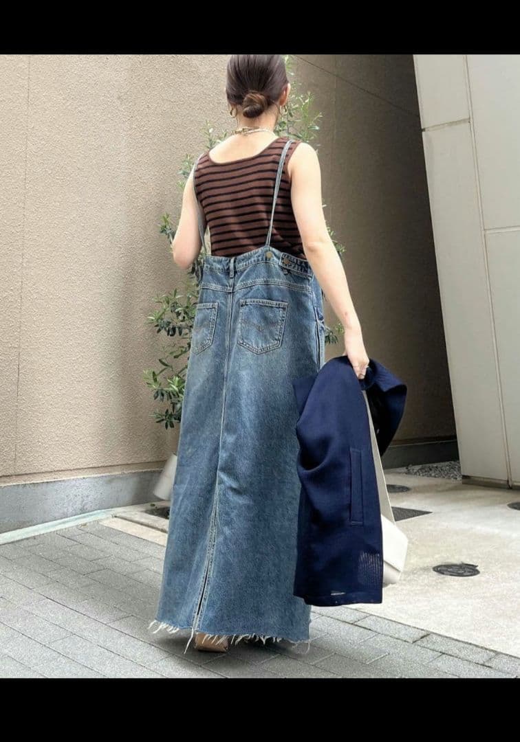 DOUDOU 裾フリンジデニムジャンスカ S ブルー