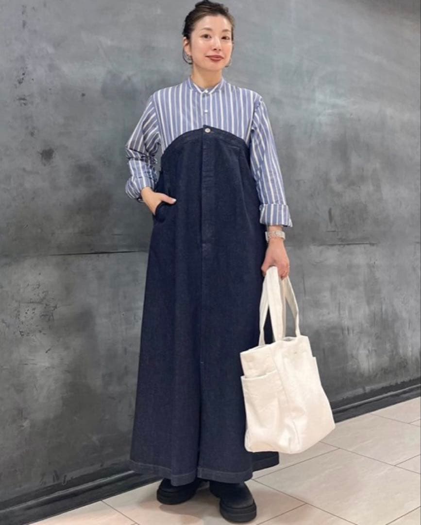 美品 ズッカ デニムドッキングシャツワンピース ゆったり ネイビー ストライプ