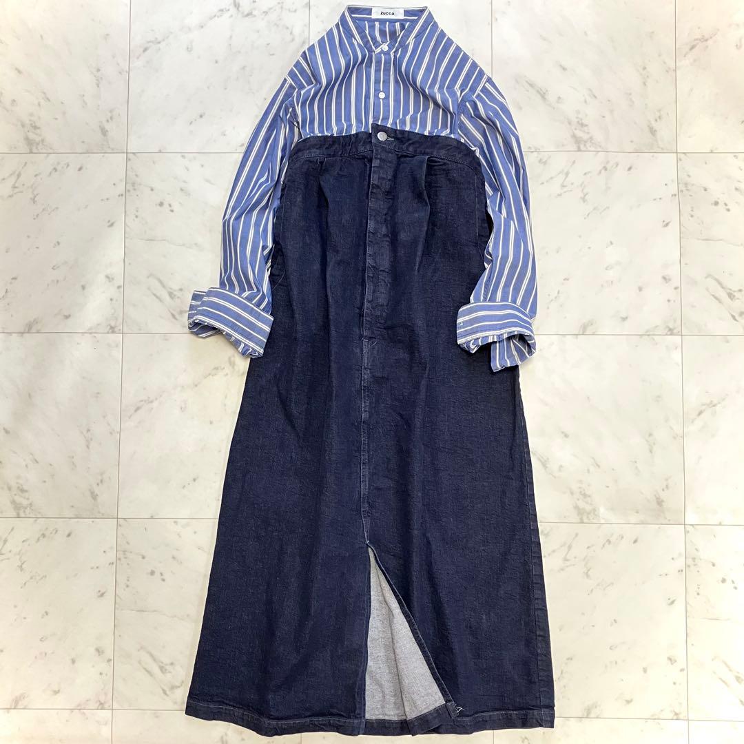 美品 ズッカ デニムドッキングシャツワンピース ゆったり ネイビー ストライプ