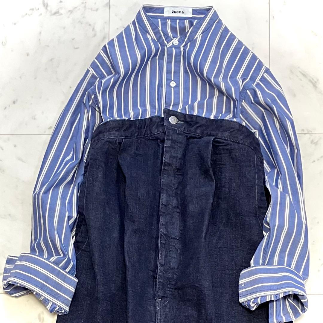 美品 ズッカ デニムドッキングシャツワンピース ゆったり ネイビー ストライプ