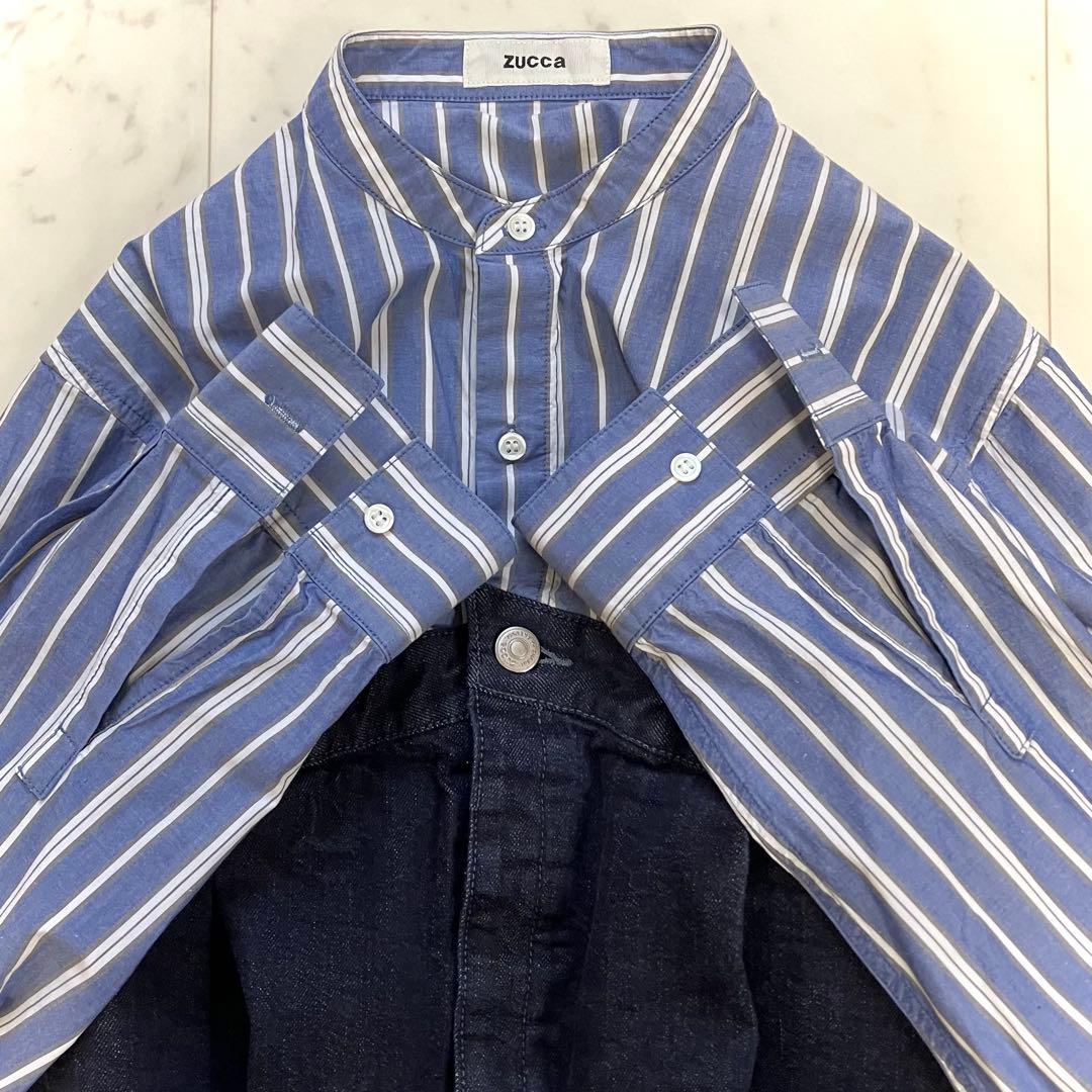 美品 ズッカ デニムドッキングシャツワンピース ゆったり ネイビー ストライプ