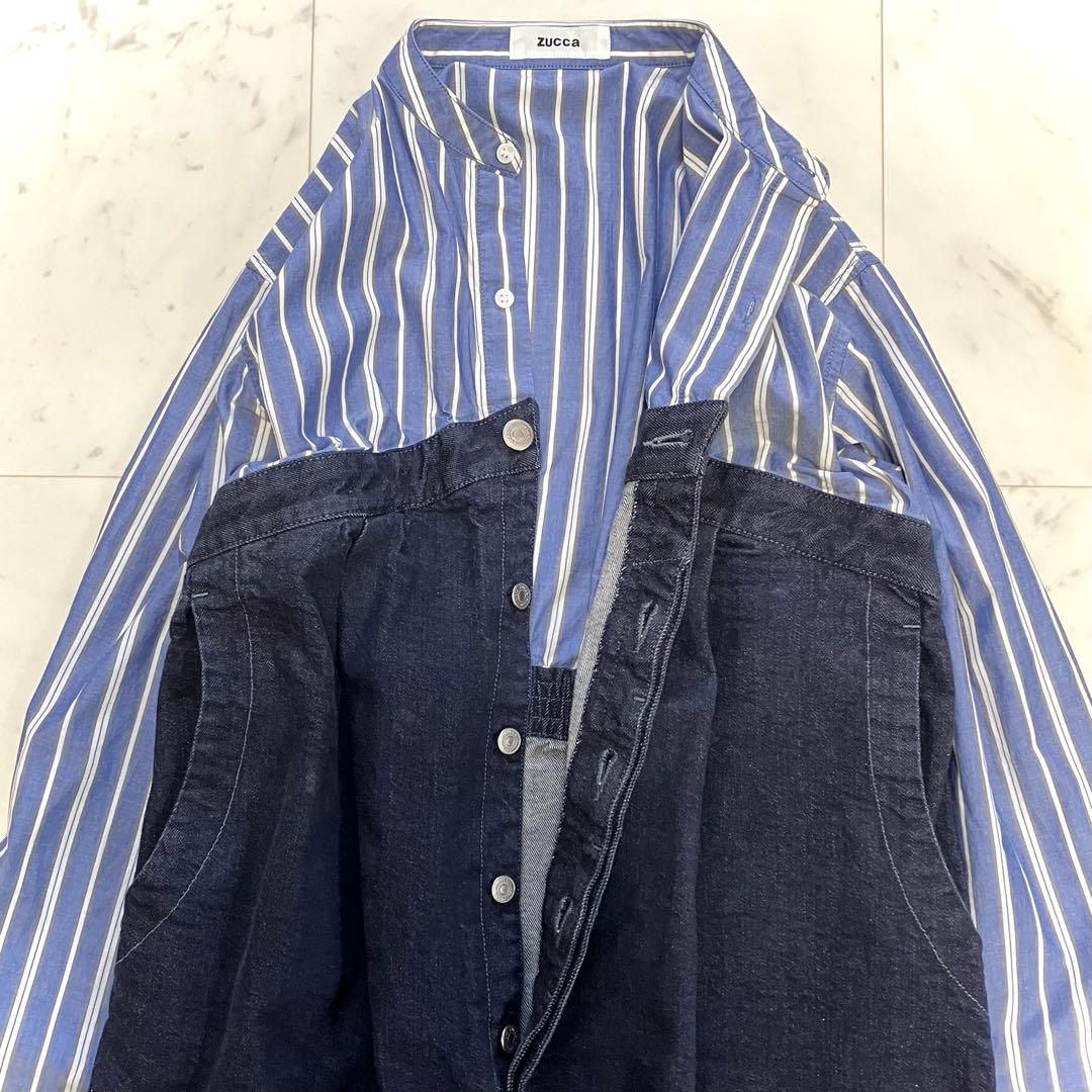 美品 ズッカ デニムドッキングシャツワンピース ゆったり ネイビー ストライプ