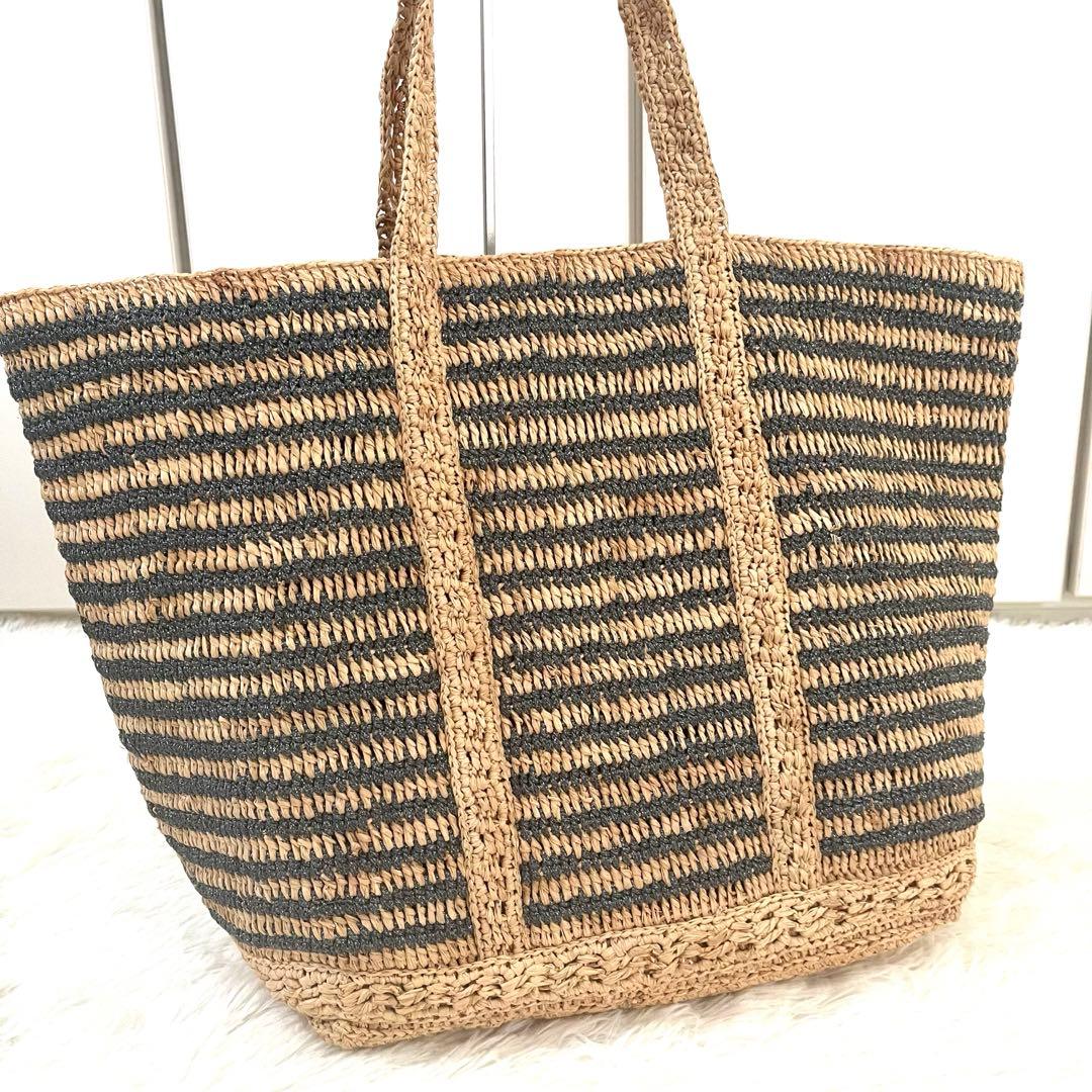【美品】ヴァネッサブリューノ☆かごバッグ　ラフィア　大容量　ボーダー　天然素材