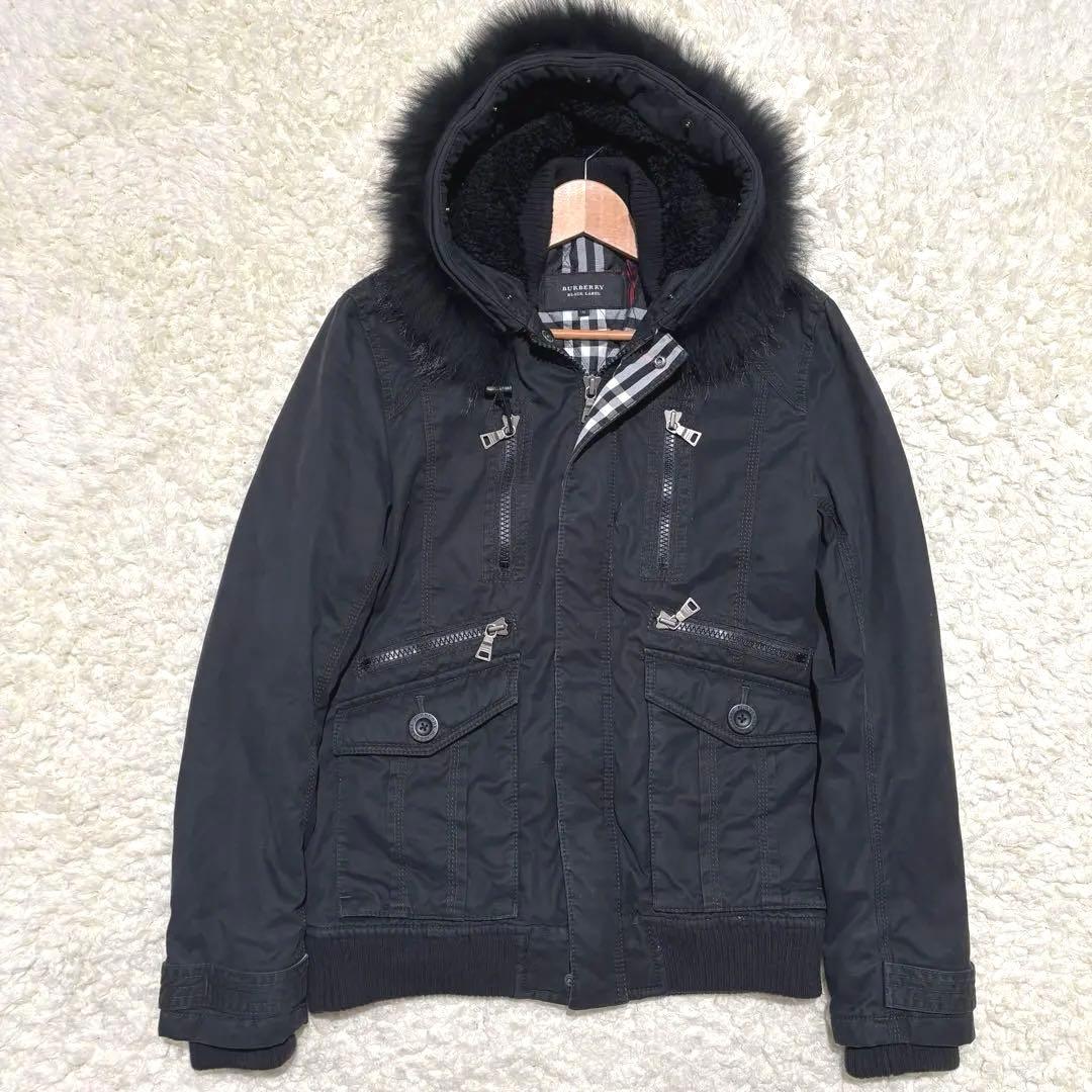 バーバリー ブラックレーベル ミリタリー 中綿ファージャケット 黒 M Y2K