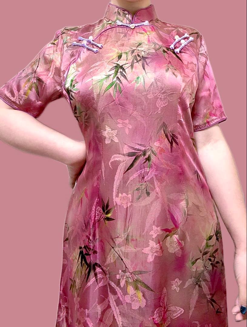 【桃色ワカメページ】ジャカード シルク チャイナドレス ロングワンピース