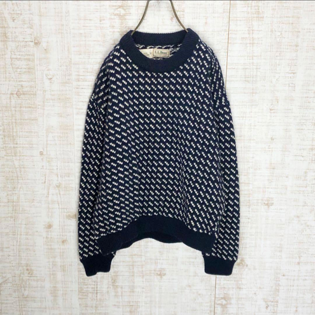 70's エルエルビーン バーズアイ ニット セーター 紺 長袖 古着