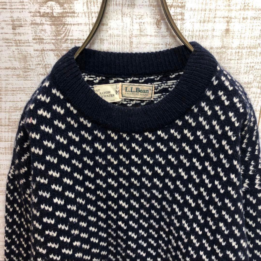 70's エルエルビーン バーズアイ ニット セーター 紺 長袖 古着
