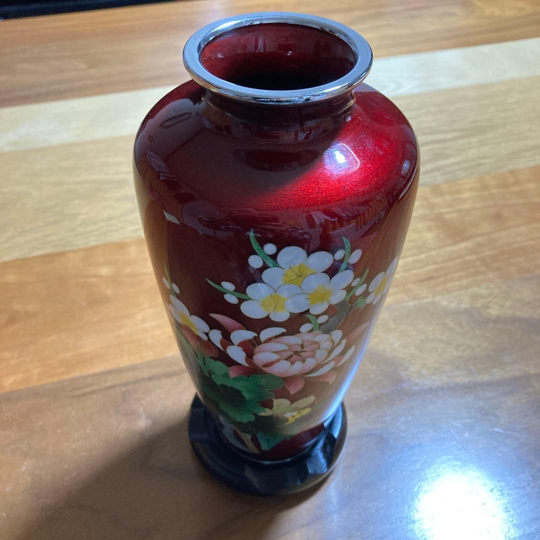 七宝焼　花瓶　赤透明釉　台付　共箱付　服部喜久