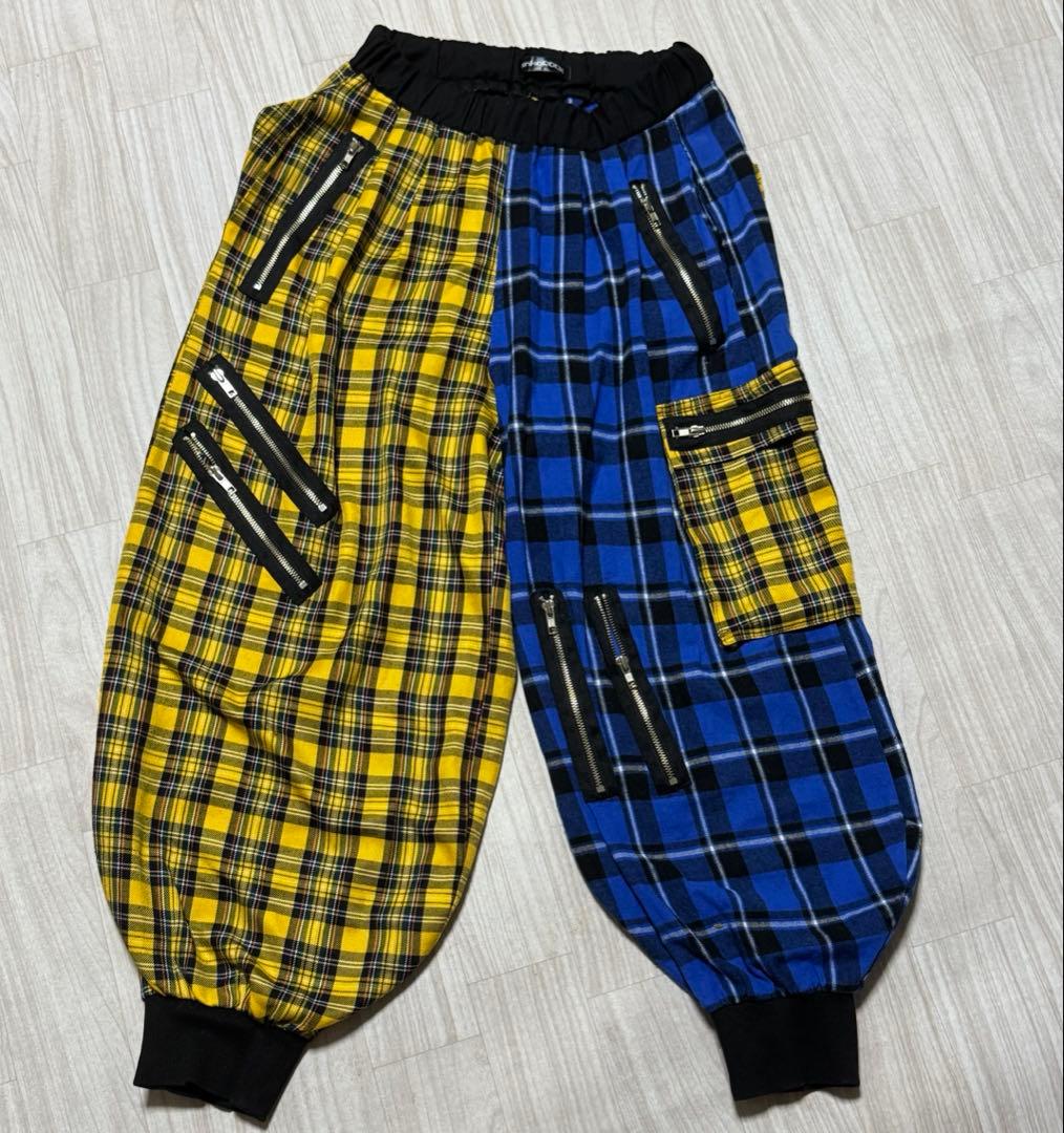 超パンクバルーンリブワイドパンツ -メガ ankoROCK 黄色×青 チェック