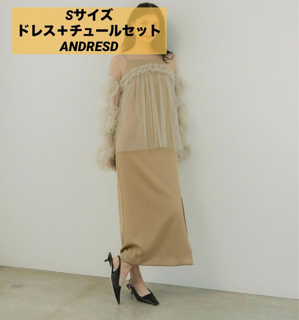 ANDRESD Sサイズ　ベージュ　カッティングカーブドレス、チュールトップス