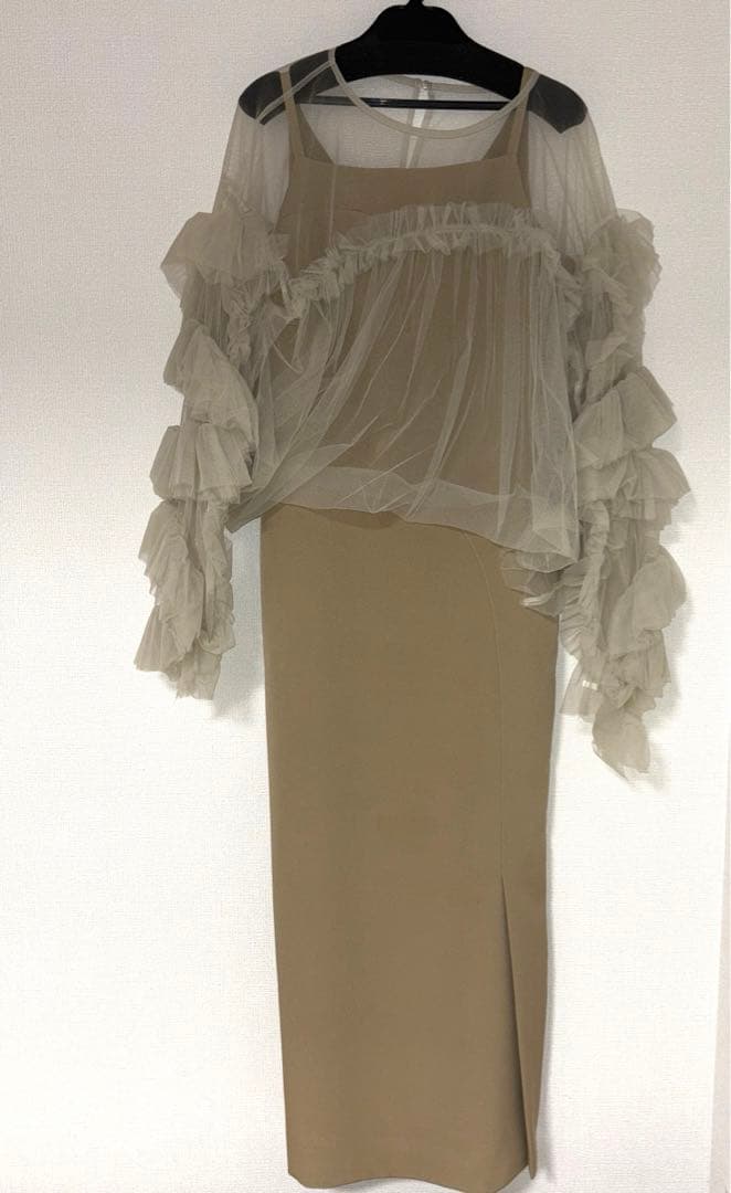 ANDRESD Sサイズ　ベージュ　カッティングカーブドレス、チュールトップス