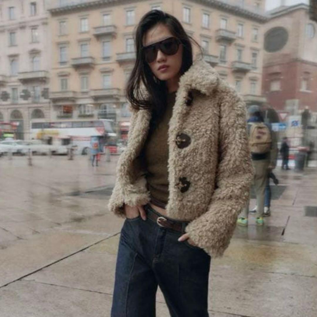 ZARA トグルボタン フェイクファー ジャケット　L