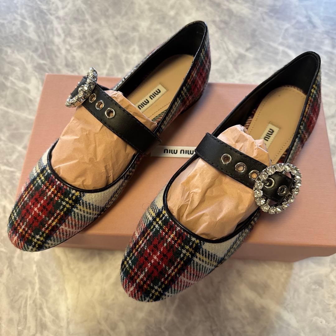 美品　miu miu チェック柄 フラットシューズ　size 37