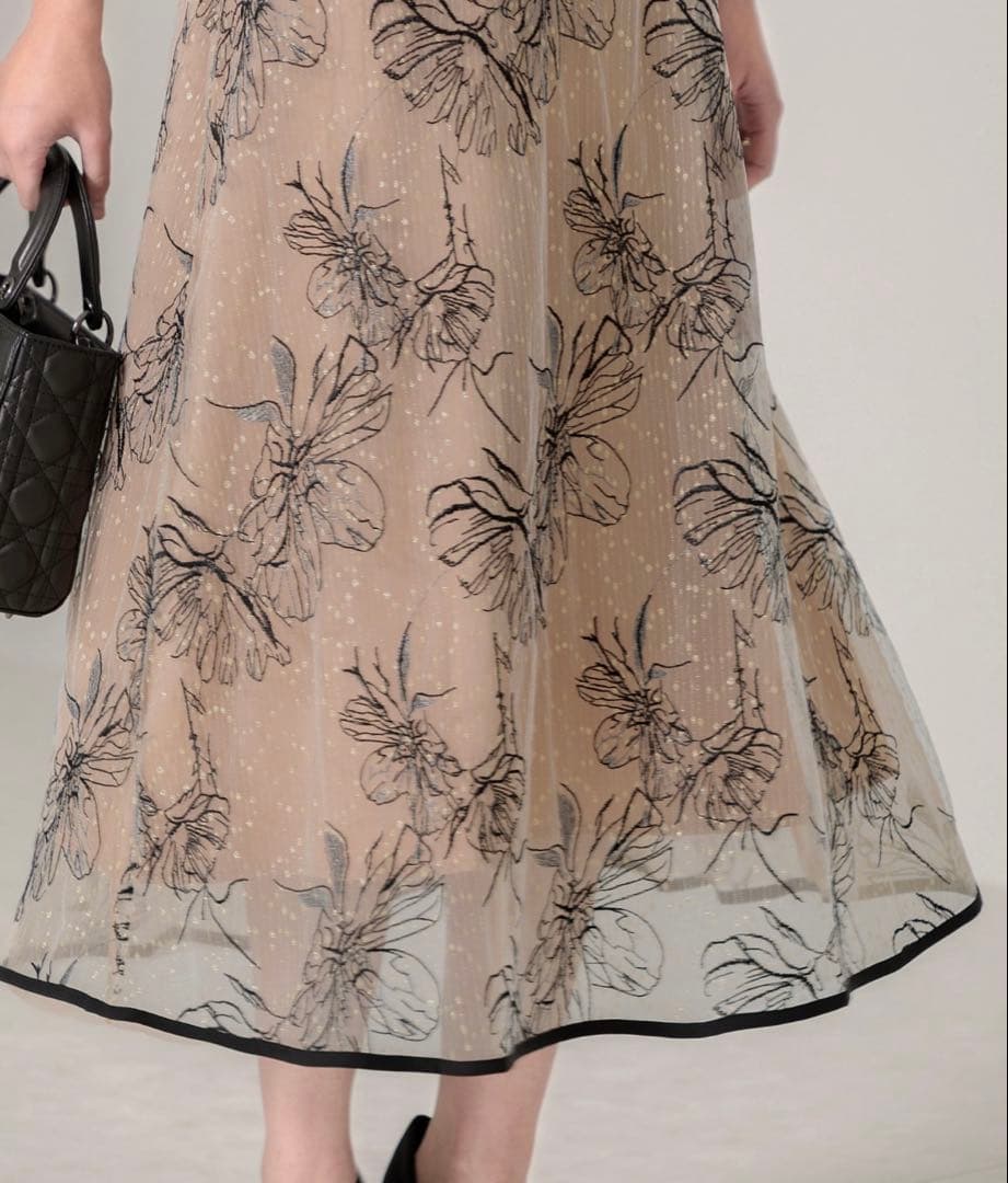 Leja 配色パイピングプチハイネック花柄刺繍ラメレースロング丈ドレスワンピース