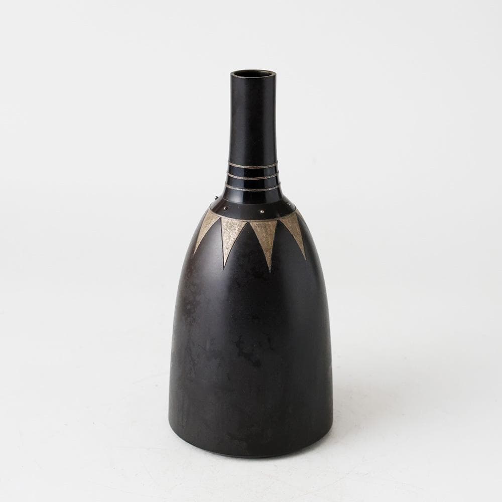 人間国宝 金森映井智（ 栄一 ）双柿庵 銀布目象嵌一輪花 銅花瓶 花器