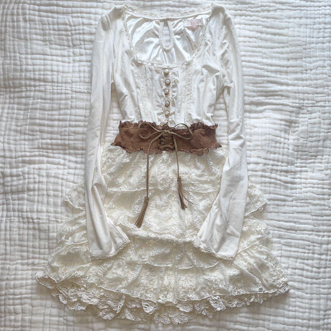 00s 希少 LIZLISA ベルト付きボリュームフリルレースミニワンピ 姫系