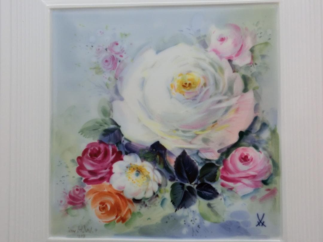 【マイセン】陶板画・白い薔薇