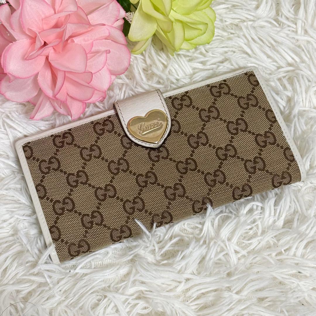 GUCCI GGキャンバス ラブリーハート 長財布 Wホック　白　ロゴ