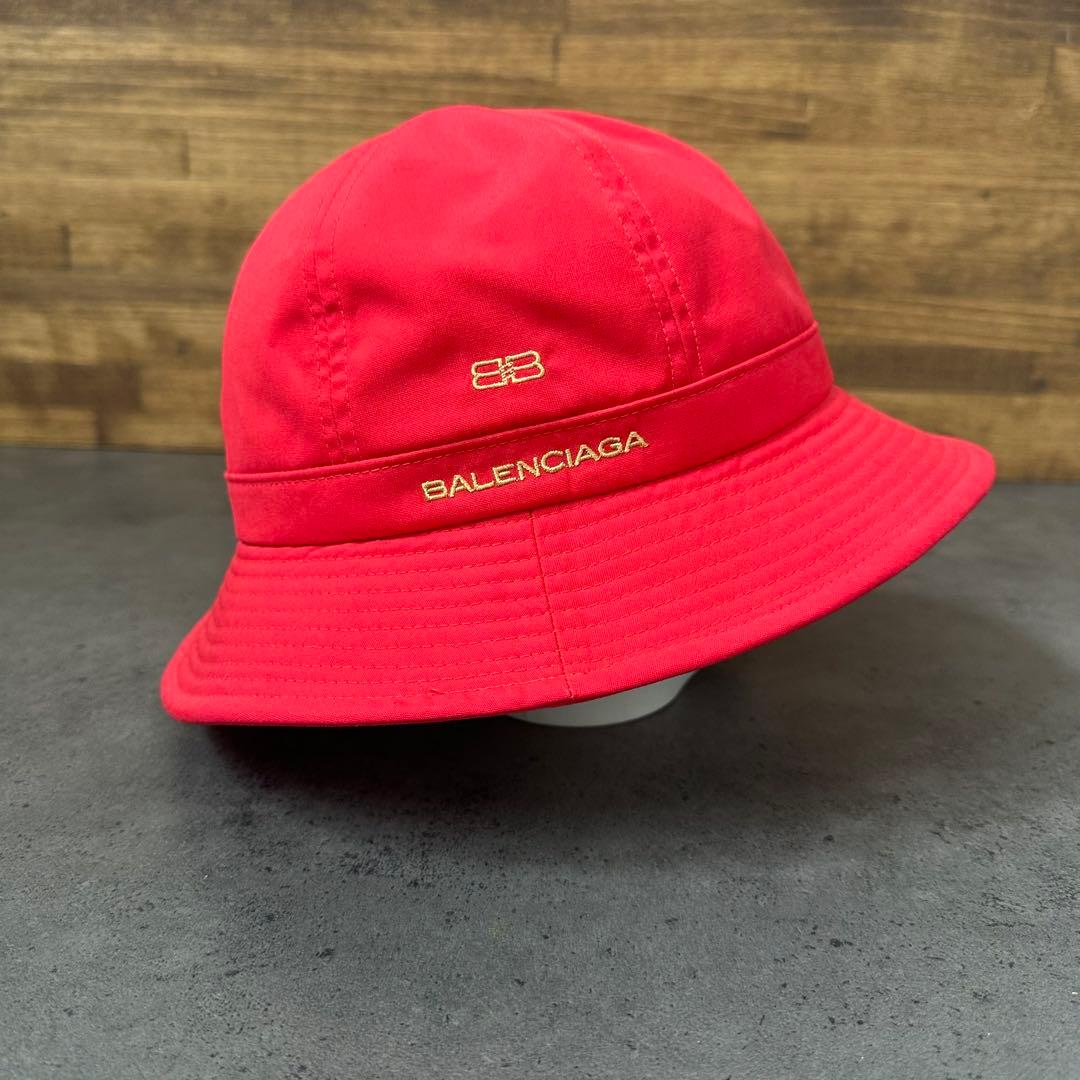 希少✨BALENCIAGA 刺繍ロゴ　バケットハット　赤　レッド　綿ポリ