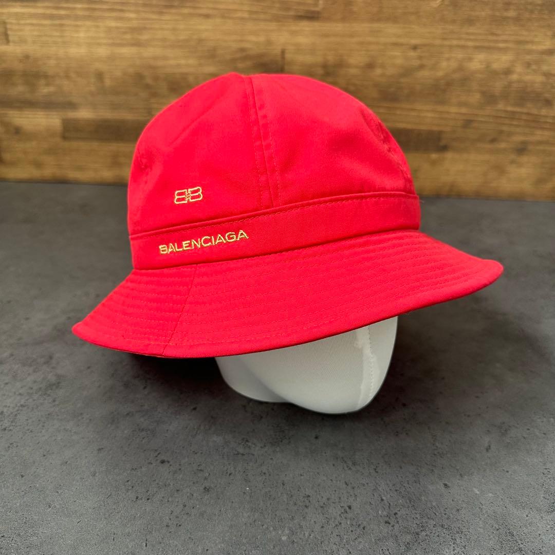 希少✨BALENCIAGA 刺繍ロゴ　バケットハット　赤　レッド　綿ポリ