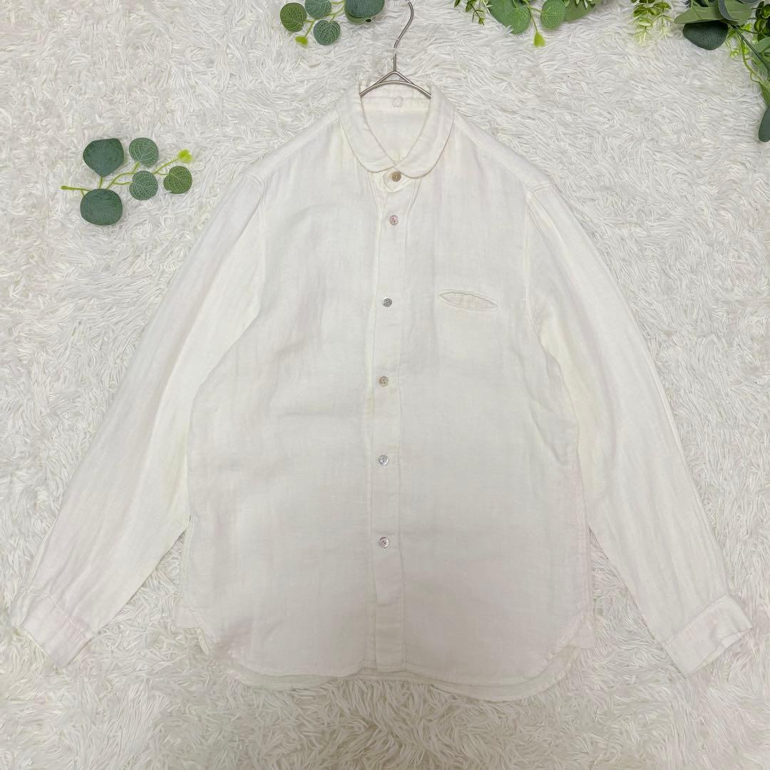 美品★ヤンマ産業　YAMMA リネン　丸襟長袖シャツ　オフホワイト