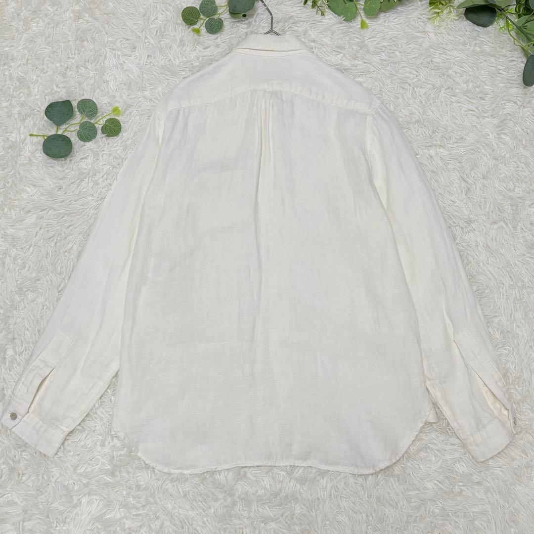 美品★ヤンマ産業　YAMMA リネン　丸襟長袖シャツ　オフホワイト