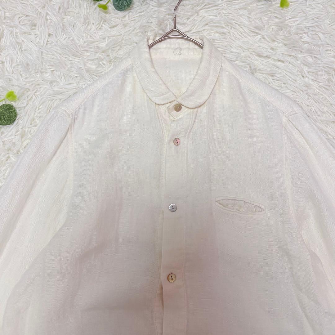 美品★ヤンマ産業　YAMMA リネン　丸襟長袖シャツ　オフホワイト