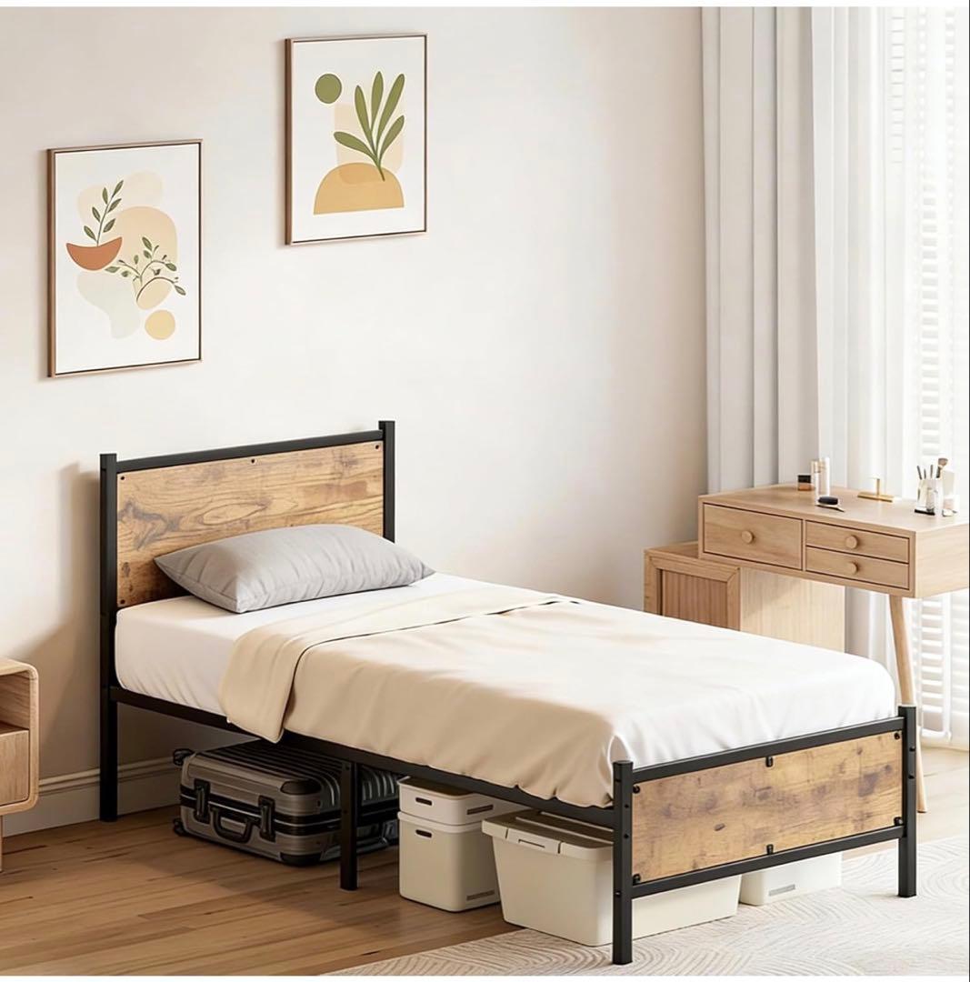 パイプベッド ベッドフレーム、スチールベッド シングル 木目調