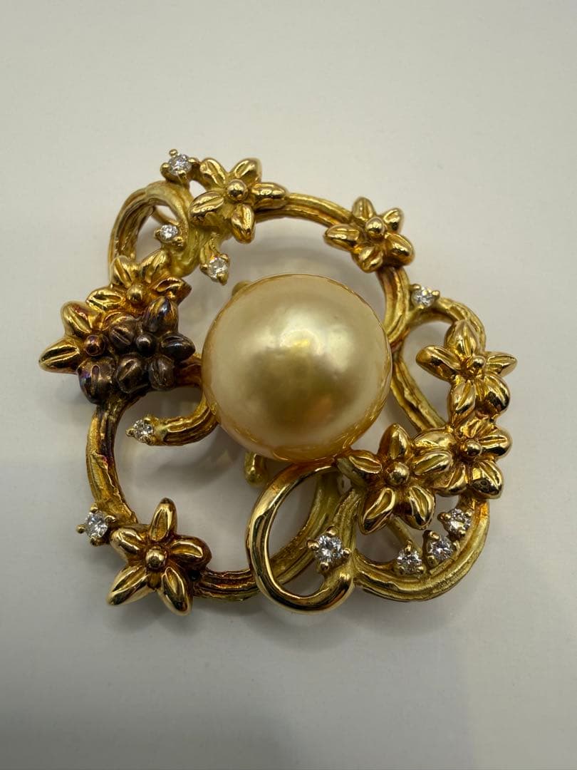 K18 パール ペンダントトップ 花/リースデザイン ダイヤ 一部変色あり