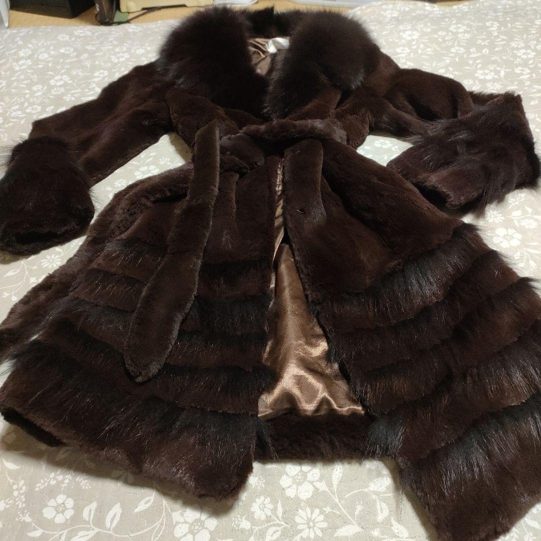リアルファーフリルデザイン 毛皮コート ダークブラウン